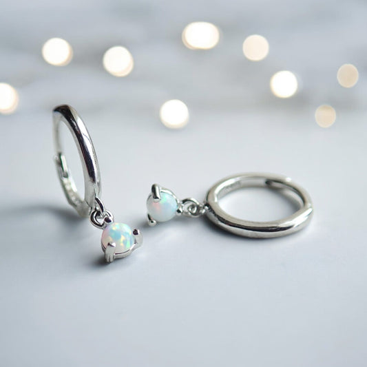 Tiny White Opal Huggie Hoop Earrings - Sterling Silver Opal Charm Dangle Hoops, October Birthstone Gift for Her
