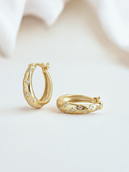 Dainty Gold Vermeil Hoop Earrings – CZ Star Detail, Hypoallergenic- 14k Gold over Sterling Silver