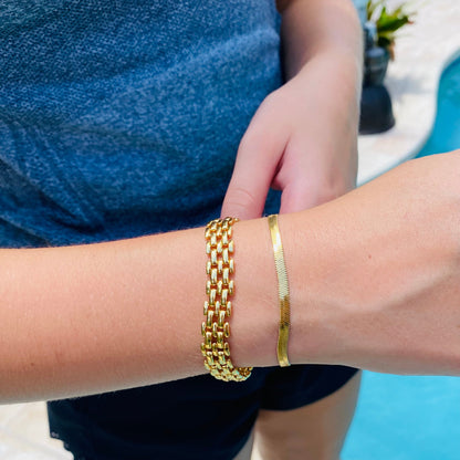 Waterproof Gold Filled Stacking Bracelets - Thick Chain Bracelet - Herringbone Bracelet- Curby Chain Crystal Bracelet