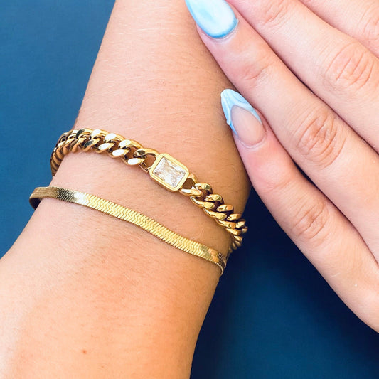 Waterproof Gold Filled Stacking Bracelets - Thick Chain Bracelet - Herringbone Bracelet- Curby Chain Crystal Bracelet