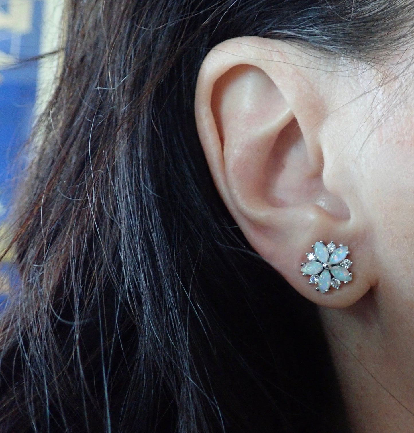 Opal Flower Stud Earrings Gold, October Birthstone Earrings, White Opal Post Earrings