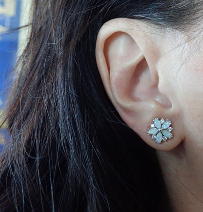 Opal Flower Stud Earrings Gold, October Birthstone Earrings, White Opal Post Earrings