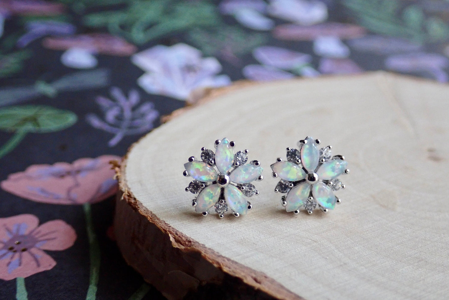 Opal Flower Stud Earrings Gold, October Birthstone Earrings, White Opal Post Earrings