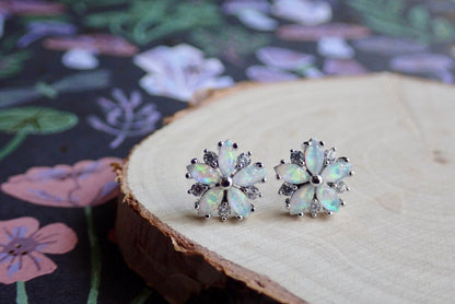 Opal Flower Stud Earrings Gold, October Birthstone Earrings, White Opal Post Earrings