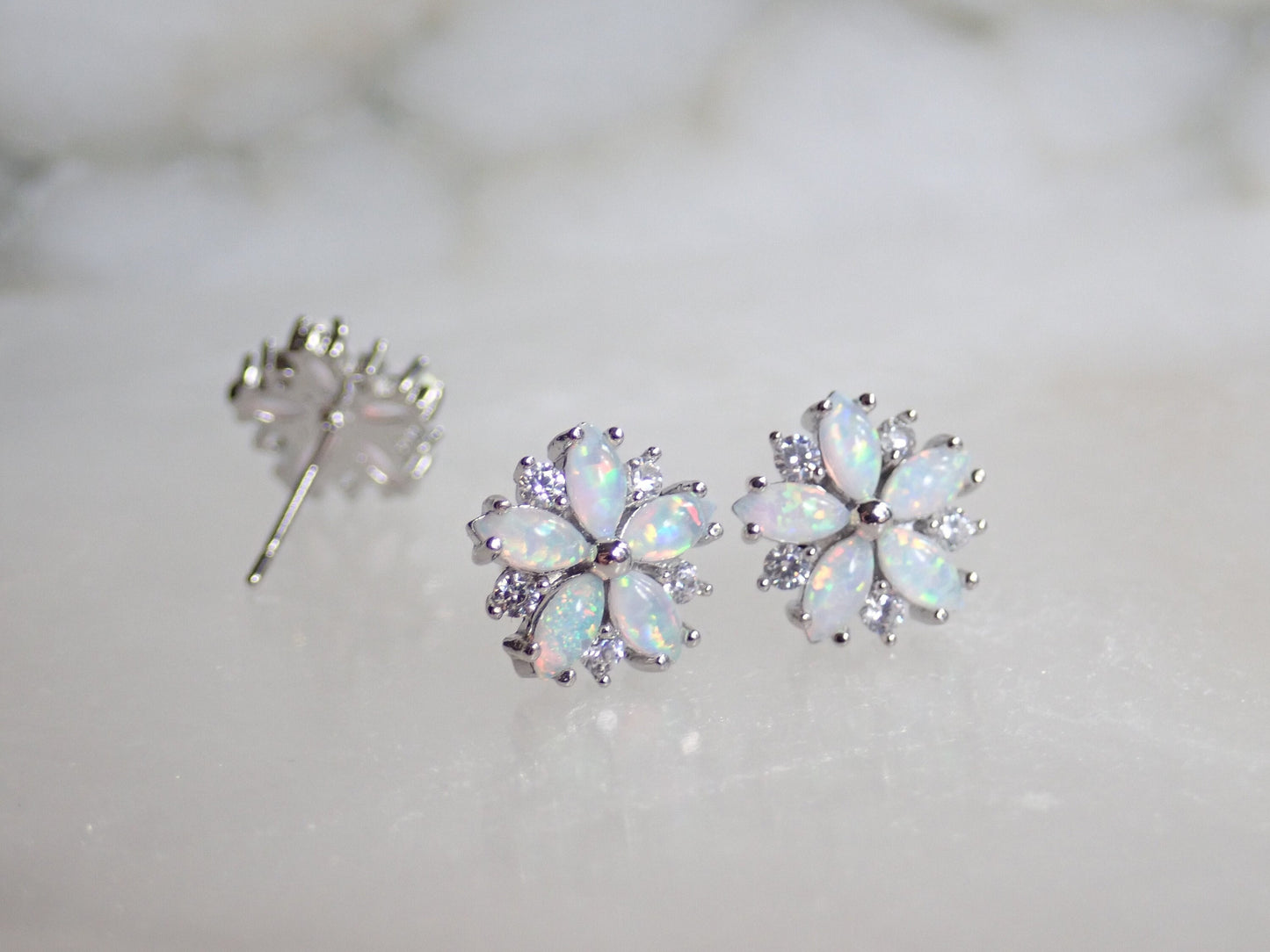 Opal Flower Stud Earrings Gold, October Birthstone Earrings, White Opal Post Earrings