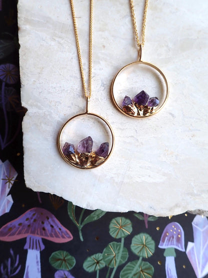 Amethyst Pendant Necklace, Crystal Necklace Gold, Amethyst Jewelry,Round Gemstone Pendant,February Birthstone Jewelry,Statement Gift for Her