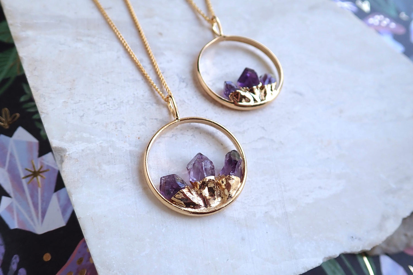 Amethyst Pendant Necklace, Crystal Necklace Gold, Amethyst Jewelry,Round Gemstone Pendant,February Birthstone Jewelry,Statement Gift for Her