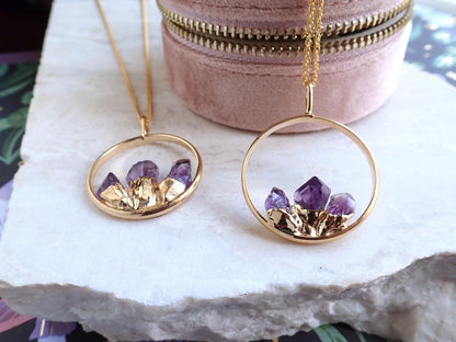 Amethyst Pendant Necklace, Crystal Necklace Gold, Amethyst Jewelry,Round Gemstone Pendant,February Birthstone Jewelry,Statement Gift for Her
