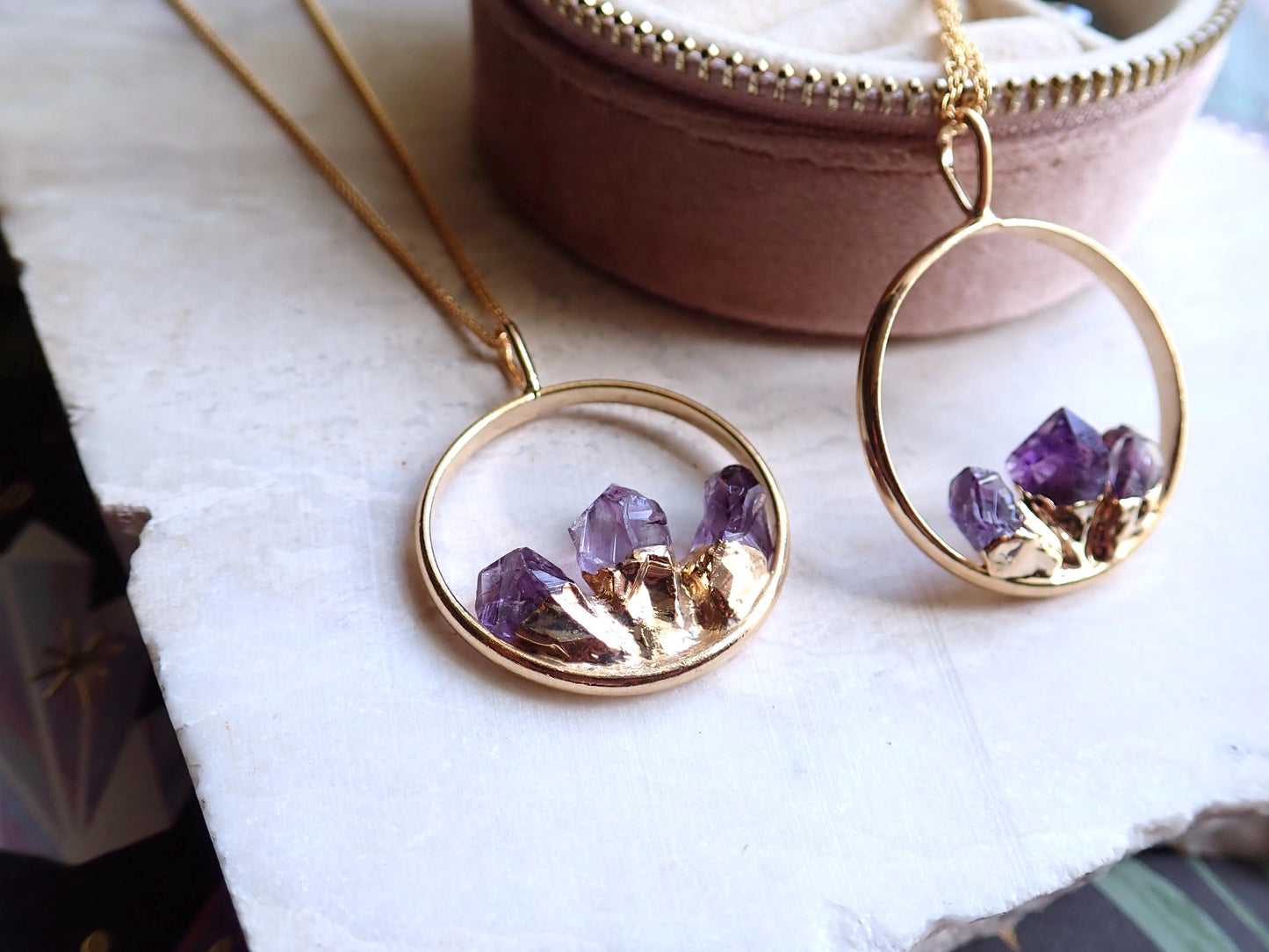 Amethyst Pendant Necklace, Crystal Necklace Gold, Amethyst Jewelry,Round Gemstone Pendant,February Birthstone Jewelry,Statement Gift for Her