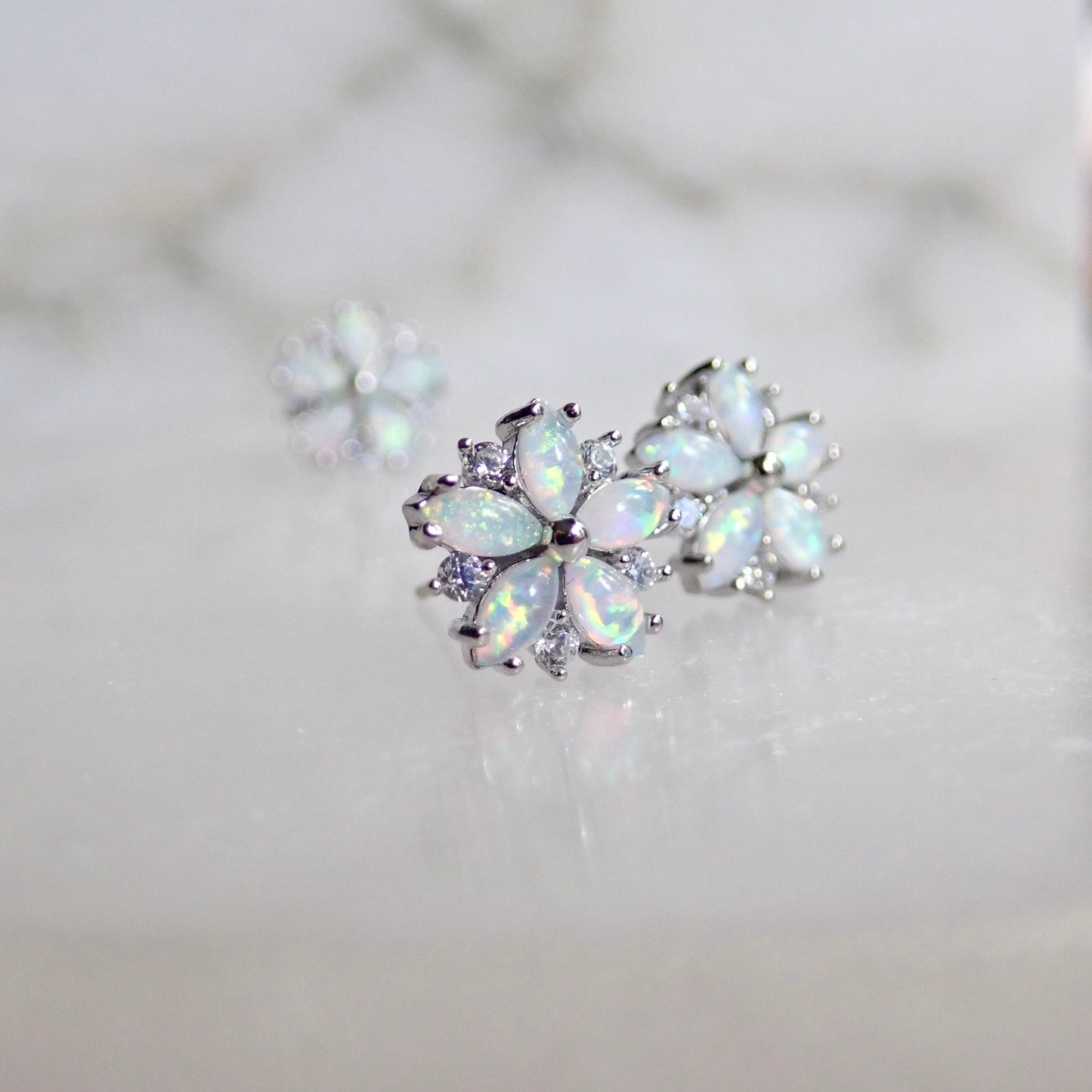 Opal Flower Stud Earrings Gold, October Birthstone Earrings, White Opal Post Earrings