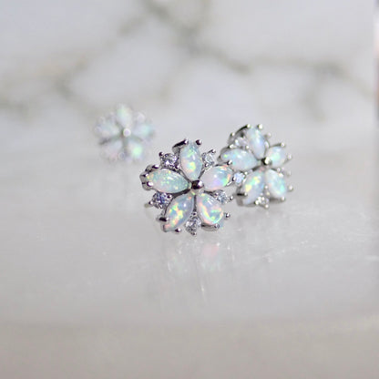 Opal Flower Stud Earrings Gold, October Birthstone Earrings, White Opal Post Earrings