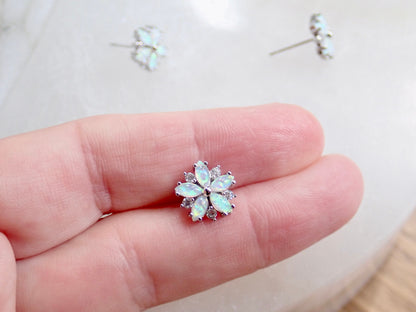 Opal Flower Stud Earrings Gold, October Birthstone Earrings, White Opal Post Earrings