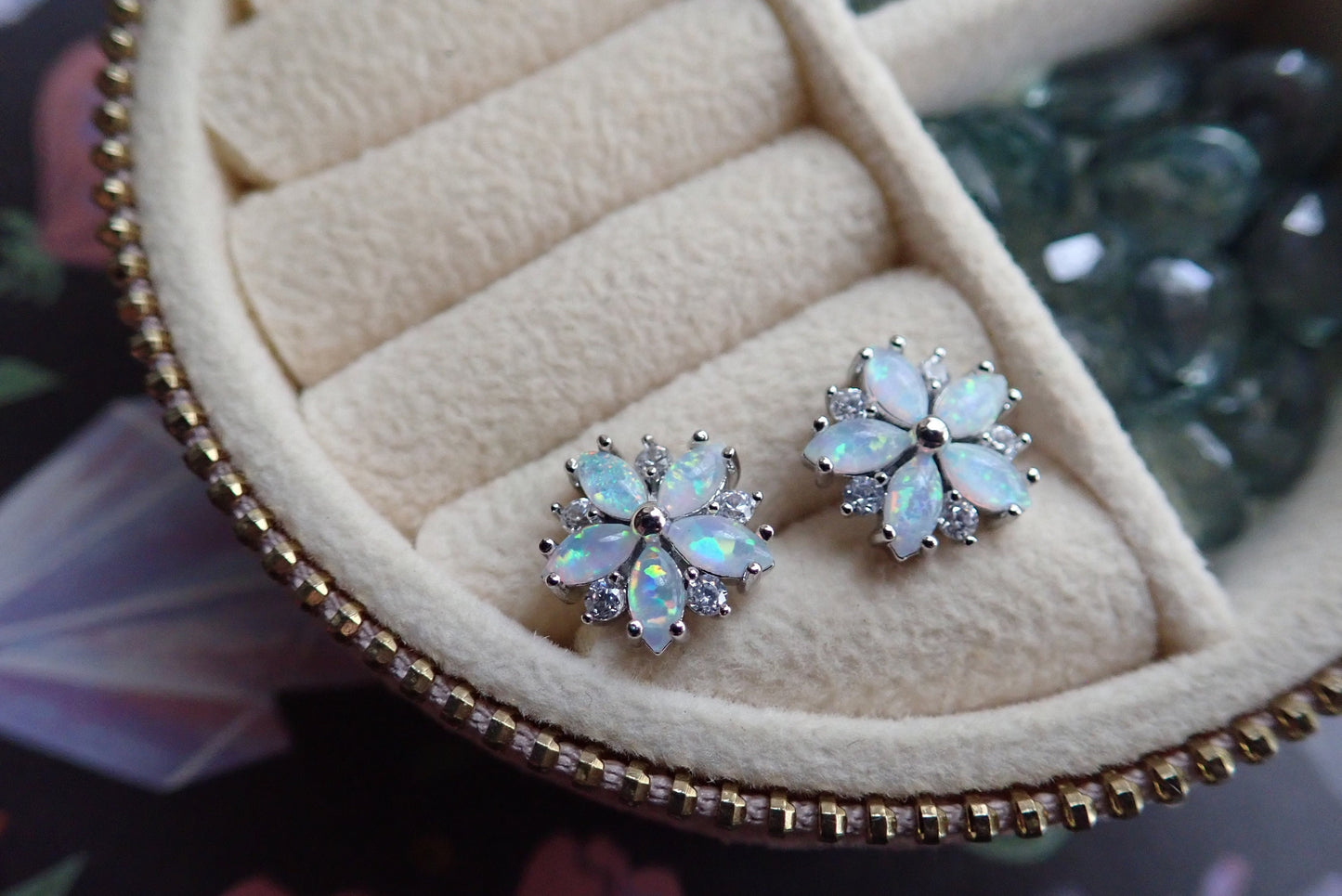 Opal Flower Stud Earrings Gold, October Birthstone Earrings, White Opal Post Earrings