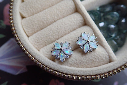 Opal Flower Stud Earrings Gold, October Birthstone Earrings, White Opal Post Earrings