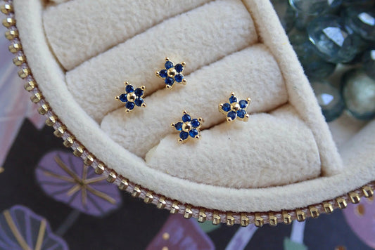 Blue CZ Flower Stud Earrings • Sterling Silver with 14K Gold Plating • Small Screw Back Earrings • Dainty Floral Studs for Second Hole