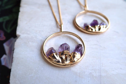 Amethyst Pendant Necklace, Crystal Necklace Gold, Amethyst Jewelry,Round Gemstone Pendant,February Birthstone Jewelry,Statement Gift for Her