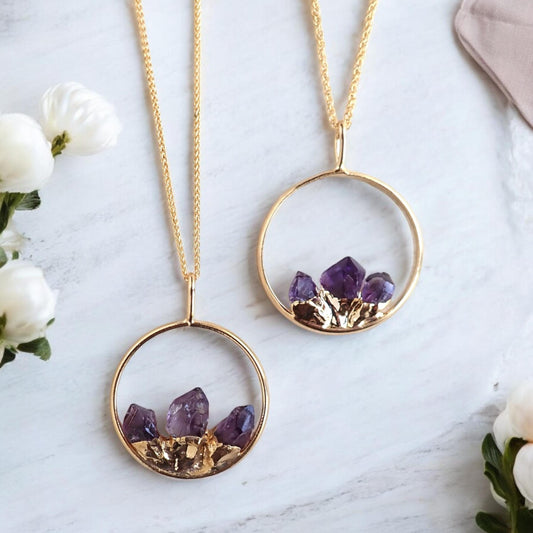 Amethyst Pendant Necklace, Crystal Necklace Gold, Amethyst Jewelry,Round Gemstone Pendant,February Birthstone Jewelry,Statement Gift for Her