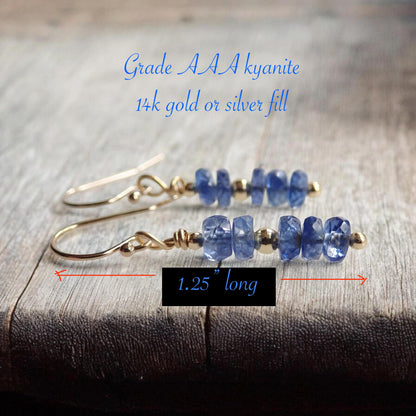 Gold Filled Kyanite Dangle Earrings, Blue Gemstone Earrings, Healing Crystal Earrings, Dainty Minimalist Gift for Her Sterling Silver