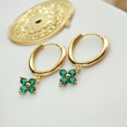 Gold Hoop Earrings with Green Crystal Flower Charms | Dainty Emerald Clover Hoops | Small Gold Dangle Hoops, Gemstone Jewelry Gift for Her