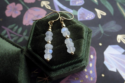 Rainbow Moonstone Dangle Earrings, | June Birthstone Gift for Her, Dainty Gemstone Drop Earrings