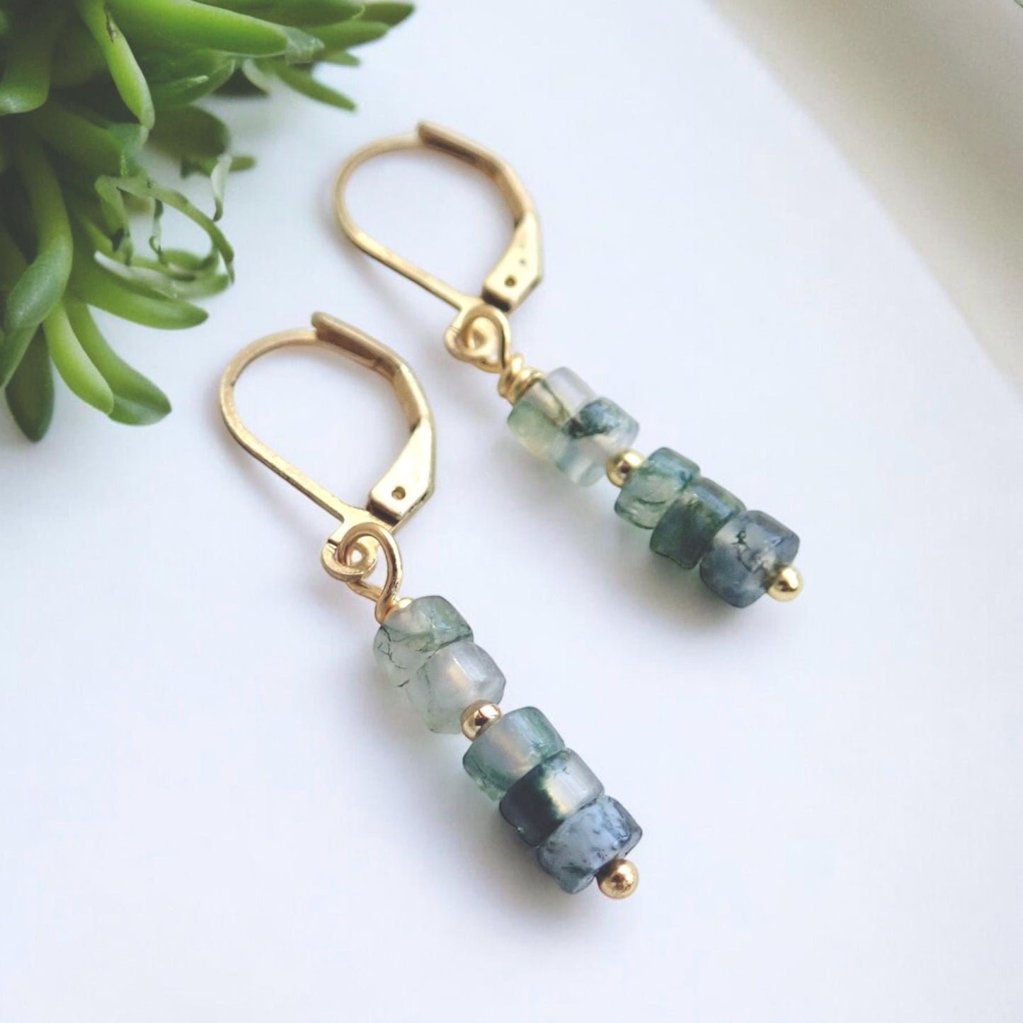 Moss Agate Danlge Earrings, Gemstone Jewelry Gold Filled, Dainty Green Gemstone Drop Earrings, Crystal Gift for Her