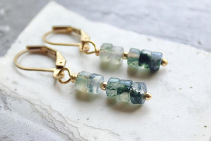 Moss Agate Danlge Earrings, Gemstone Jewelry Gold Filled, Dainty Green Gemstone Drop Earrings, Crystal Gift for Her