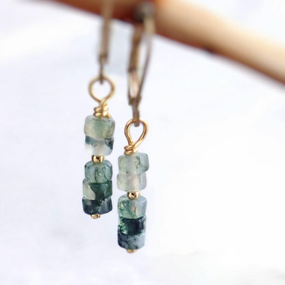 Moss Agate Danlge Earrings, Gemstone Jewelry Gold Filled, Dainty Green Gemstone Drop Earrings, Crystal Gift for Her