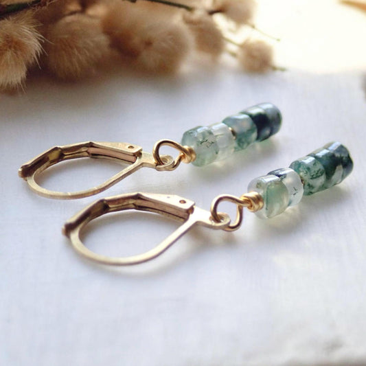 Moss Agate Dangle Earrings - Natural Gemstone Drop Earrings - 14K Gold Fill Leverback Earrings