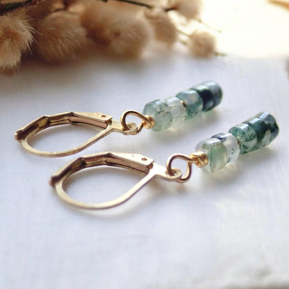 Moss Agate Danlge Earrings, Gemstone Jewelry Gold Filled, Dainty Green Gemstone Drop Earrings, Crystal Gift for Her