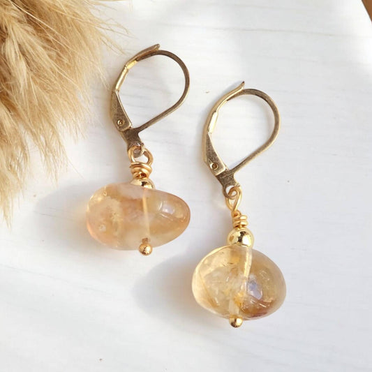Tumbled Citrine Drop Earrings – Large Gemstones on 14k Gold Fill Leverback Earwigs, November Birthstone Jewelry