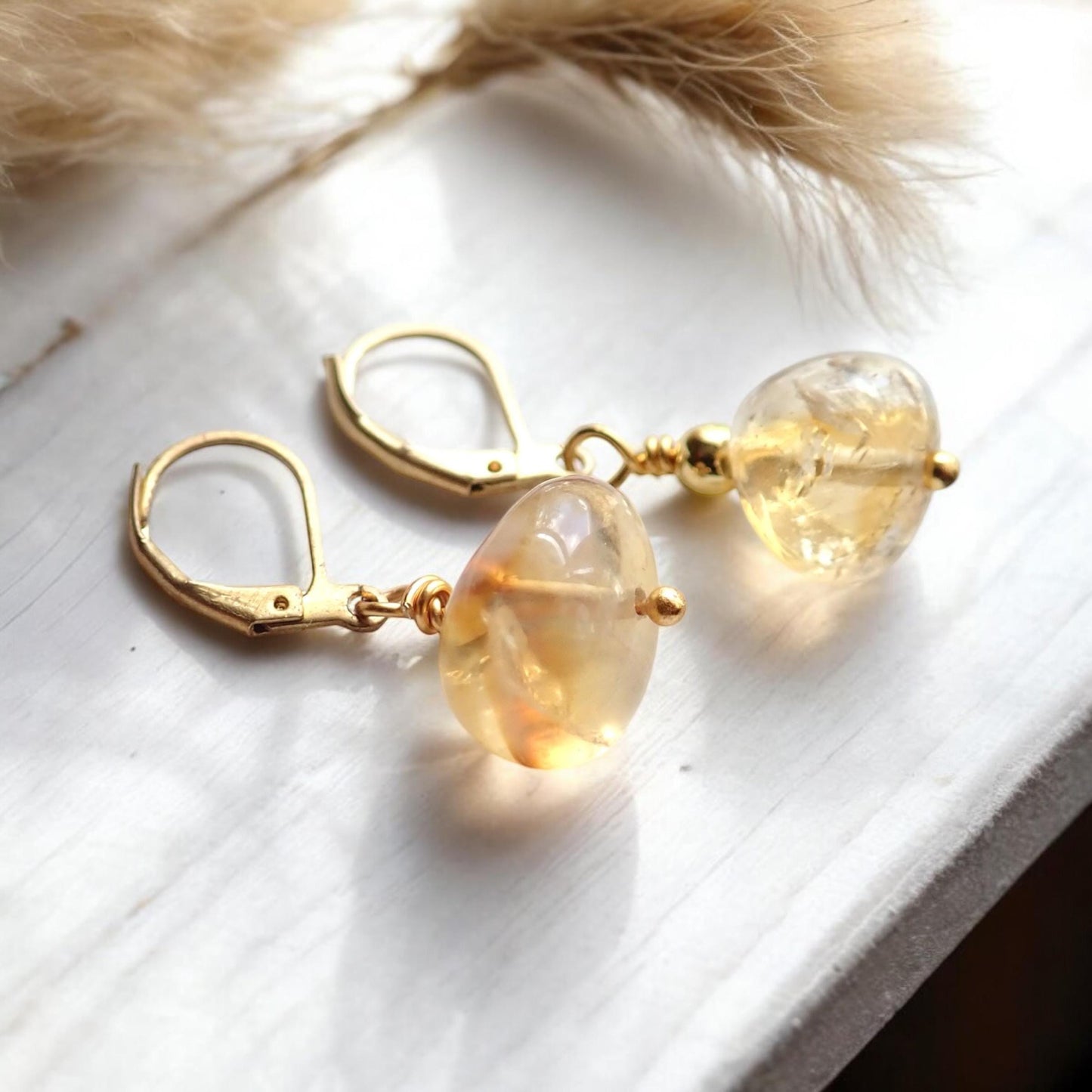 Tumbled Citrine Drop Earrings – Large Gemstones on 14k Gold Fill Leverback Earwigs, November Birthstone Jewelry