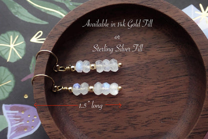 Rainbow Moonstone Dangle Earrings, | June Birthstone Gift for Her, Dainty Gemstone Drop Earrings