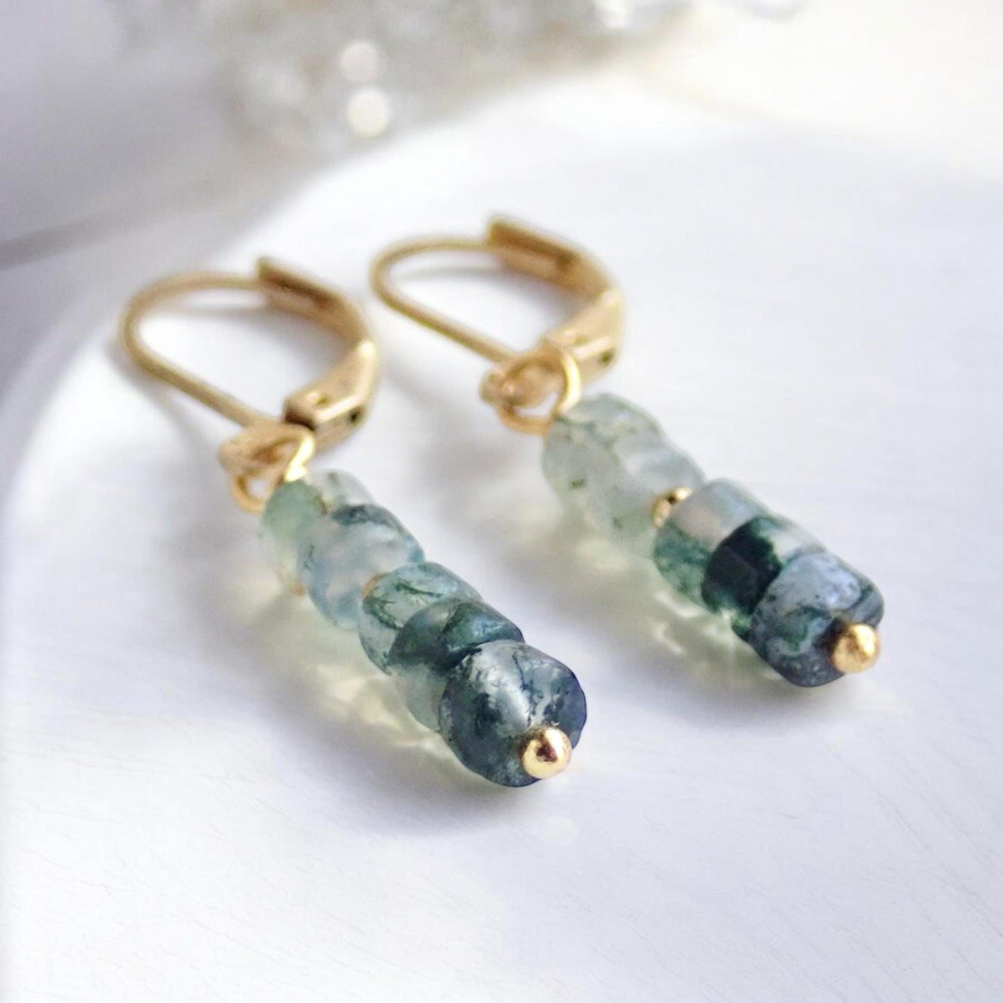 Moss Agate Danlge Earrings, Gemstone Jewelry Gold Filled, Dainty Green Gemstone Drop Earrings, Crystal Gift for Her