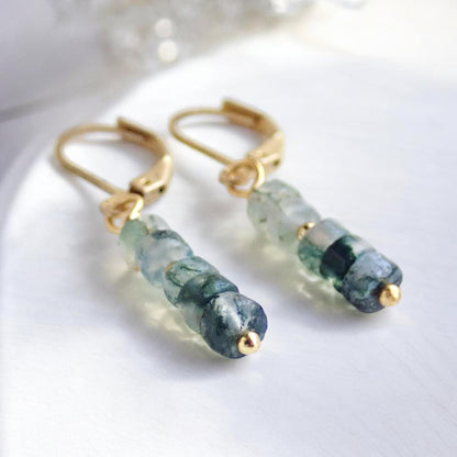 Moss Agate Danlge Earrings, Gemstone Jewelry Gold Filled, Dainty Green Gemstone Drop Earrings, Crystal Gift for Her