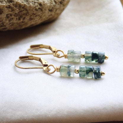 Moss Agate Danlge Earrings, Gemstone Jewelry Gold Filled, Dainty Green Gemstone Drop Earrings, Crystal Gift for Her