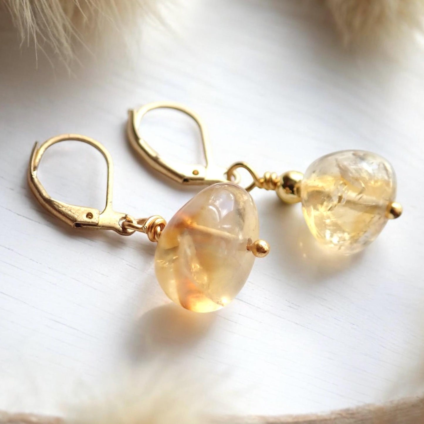 Tumbled Citrine Drop Earrings – Large Gemstones on 14k Gold Fill Leverback Earwigs, November Birthstone Jewelry