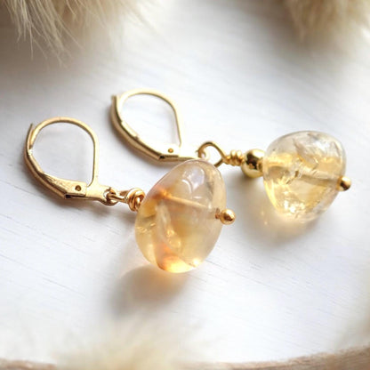 Tumbled Citrine Drop Earrings – Large Gemstones on 14k Gold Fill Leverback Earwigs, November Birthstone Jewelry