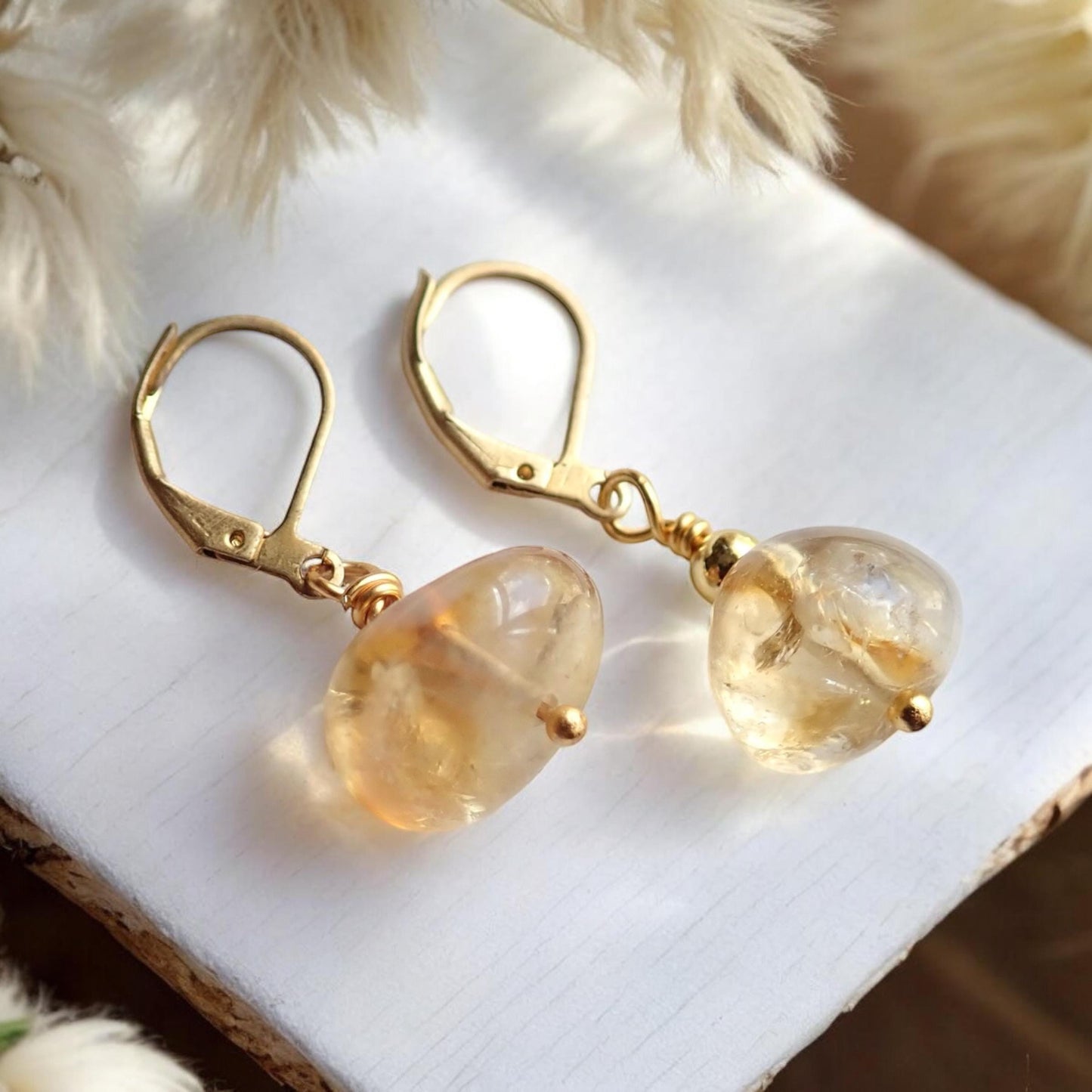 Tumbled Citrine Drop Earrings – Large Gemstones on 14k Gold Fill Leverback Earwigs, November Birthstone Jewelry