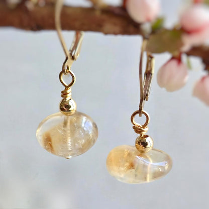 Tumbled Citrine Drop Earrings – Large Gemstones on 14k Gold Fill Leverback Earwigs, November Birthstone Jewelry