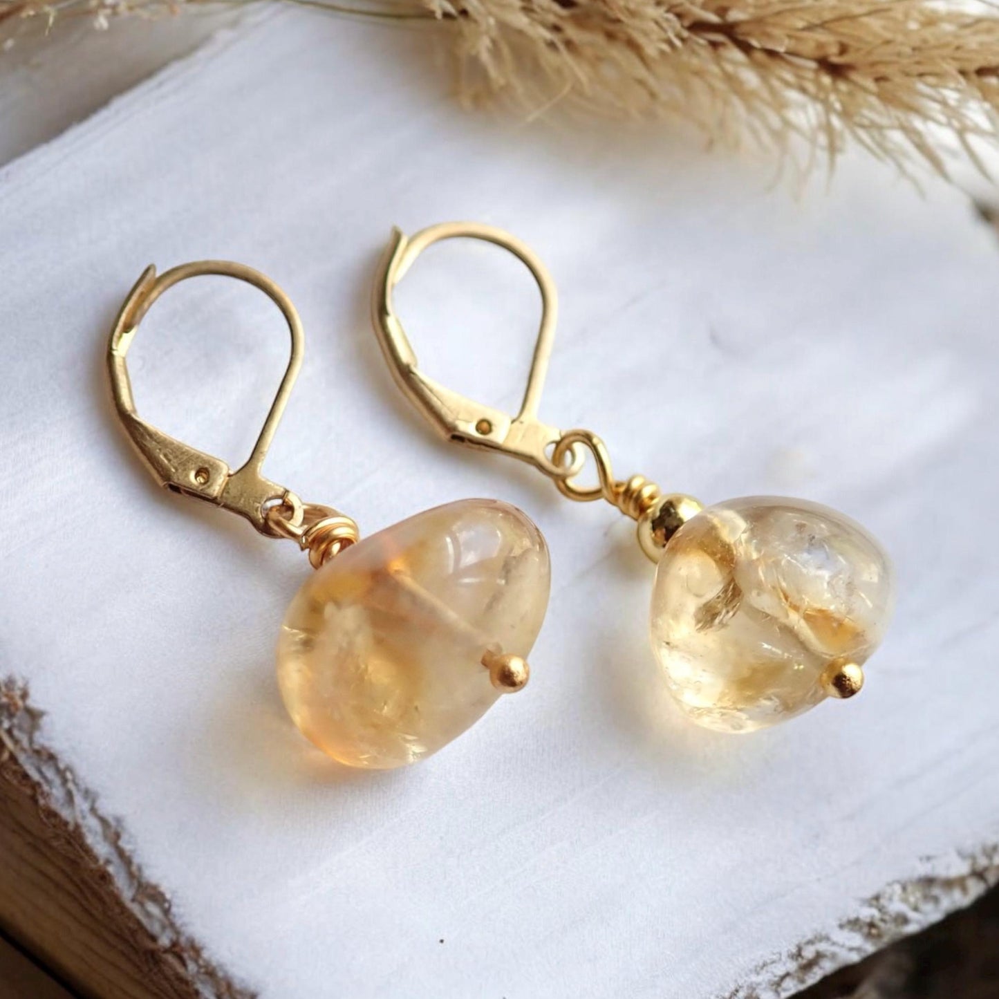 Tumbled Citrine Drop Earrings – Large Gemstones on 14k Gold Fill Leverback Earwigs, November Birthstone Jewelry
