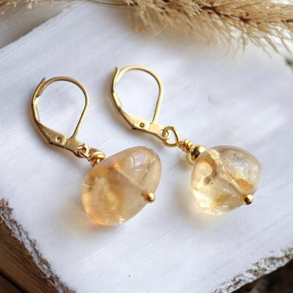 Tumbled Citrine Drop Earrings – Large Gemstones on 14k Gold Fill Leverback Earwigs, November Birthstone Jewelry