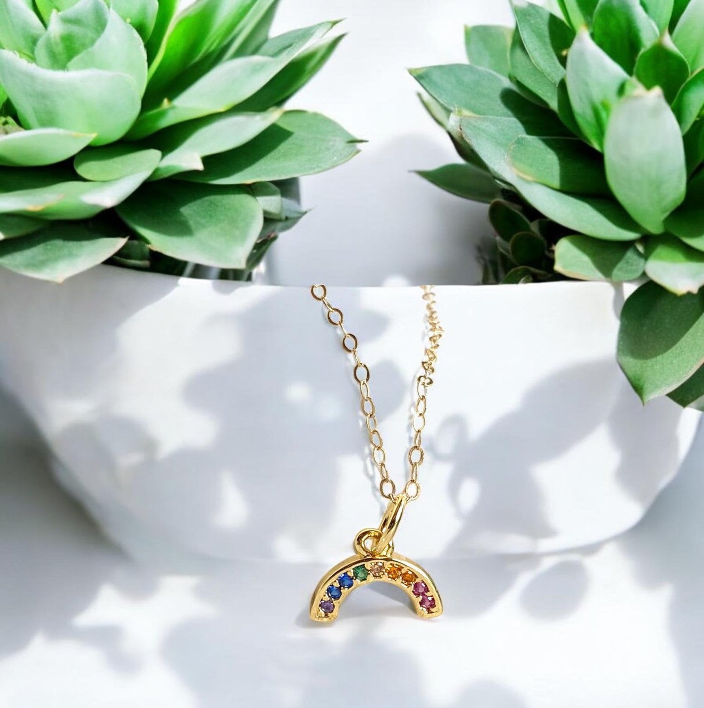 Dainty Rainbow Necklace in 18k Gold, Multi Gemstone Arc Pendant, Pride Jewelry, Colorful Crystal Jewelry Gift for Her, Minimalist Necklace