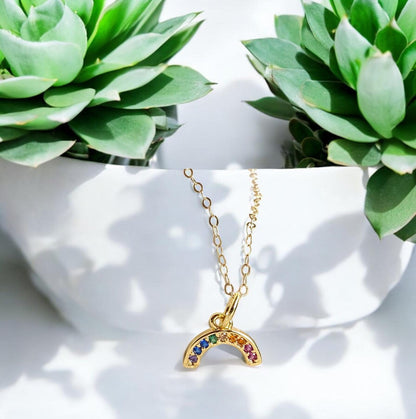 Dainty Rainbow Necklace in 18k Gold, Multi Gemstone Arc Pendant, Pride Jewelry, Colorful Crystal Jewelry Gift for Her, Minimalist Necklace