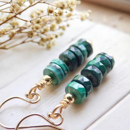 Minimalist Malachite Dangles – Gold Fill Earrings with Natural Gemstones