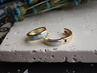 Opal Inlay Huggie Hoops, Small Opal Hoop Earrings,Dainty Gold Gemstone Hoops,Small White Opal Hoops, Opal Jewelry, October Birthstone Gift