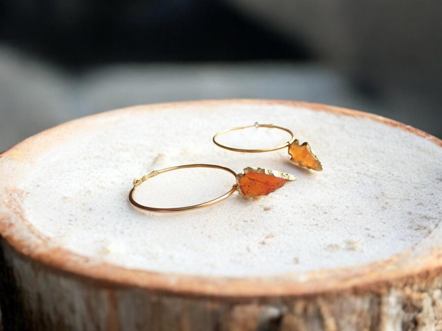 Carnelian Arrowhead Hoop Earrings,  Handmade Boho Crystal Dangle Earrings,
