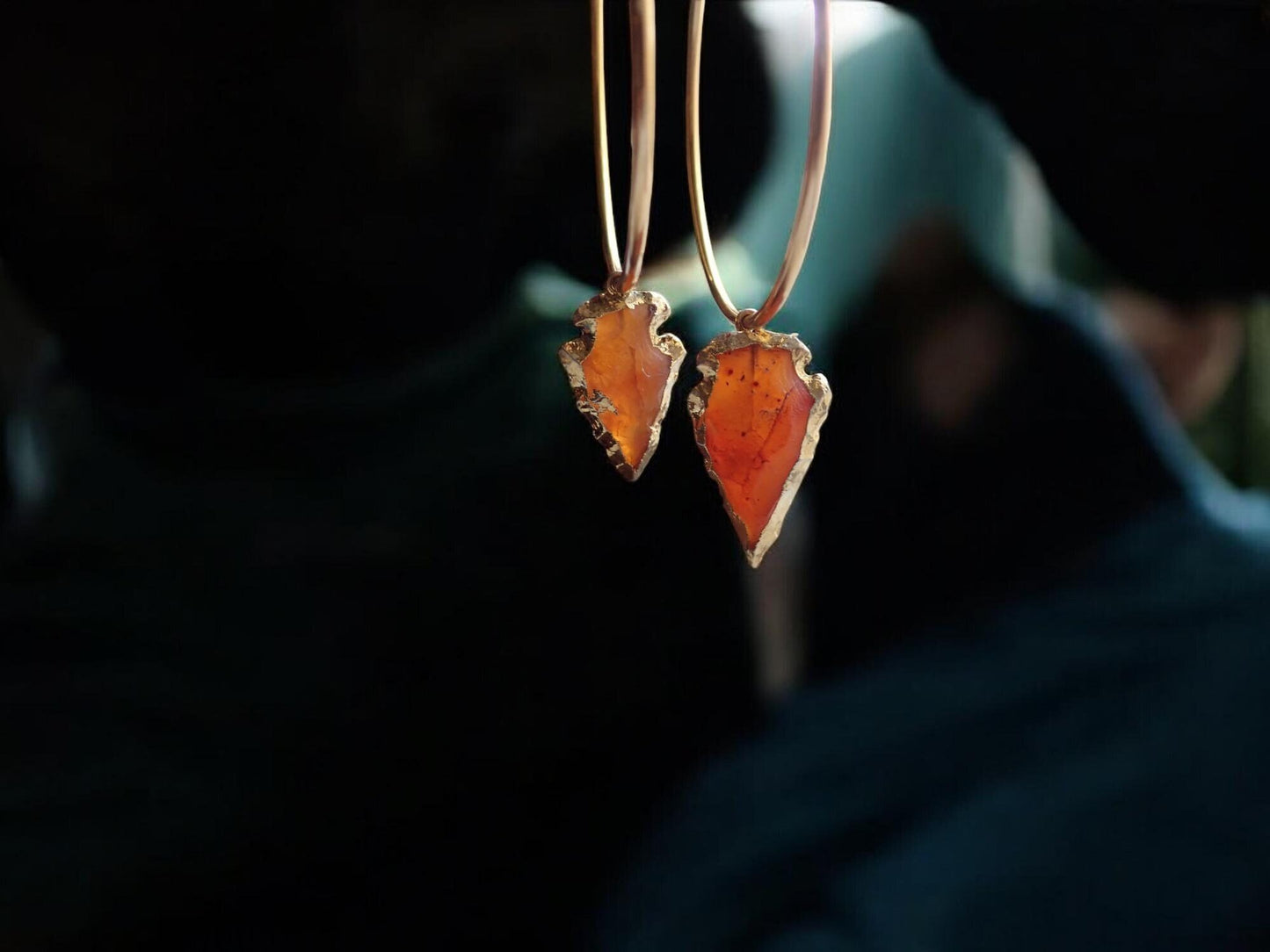 Carnelian Arrowhead Hoop Earrings,  Handmade Boho Crystal Dangle Earrings,