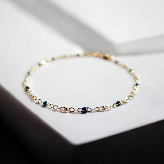 Dainty Black Enamel Gold Chain Anklet |Beaded Satellite Chain Ankle Bracelet