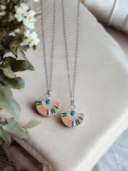Colorful Enamel Rainbow Pendant Necklace Silver -Anti Tarnish Jewelry, Turquoise Cabachon