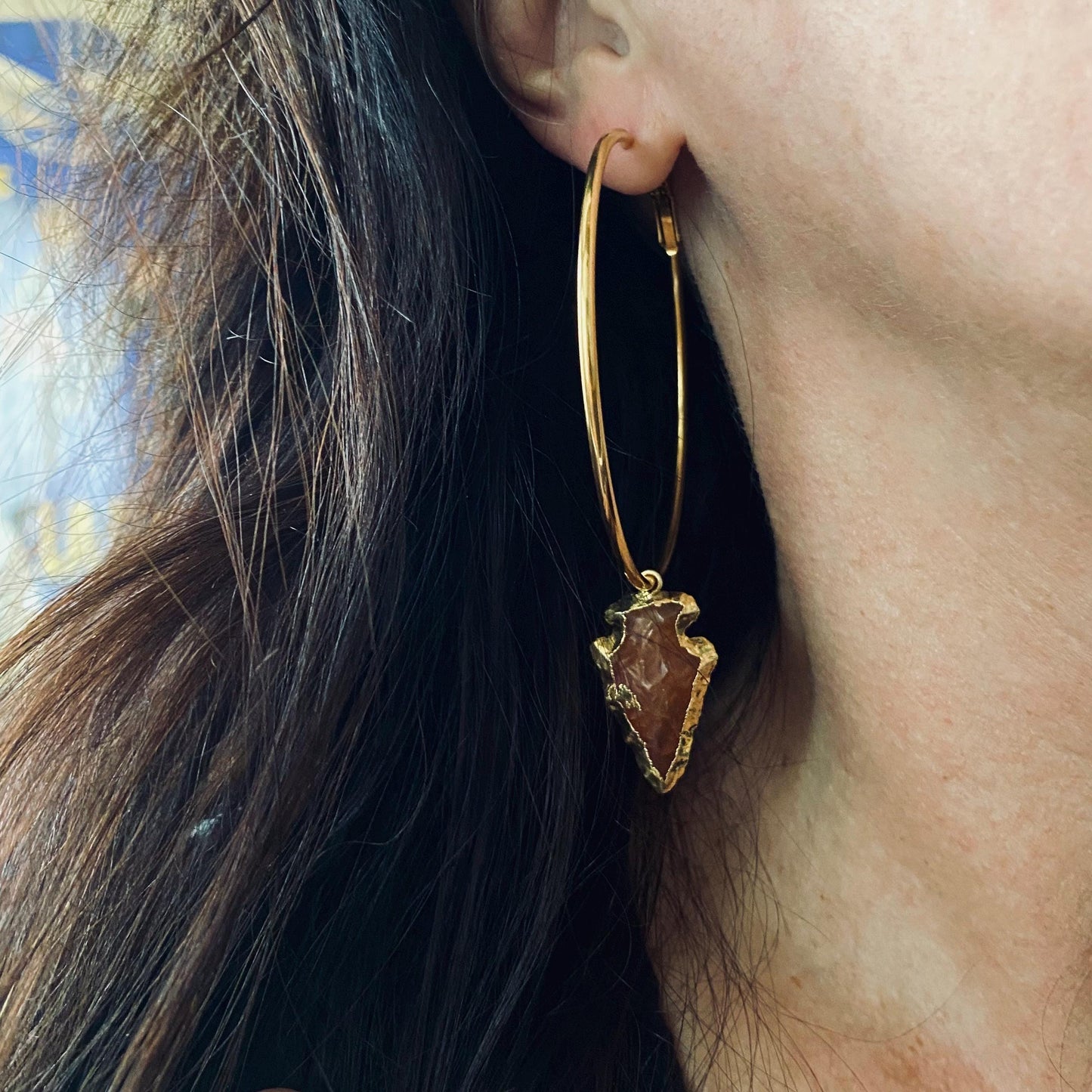 Carnelian Arrowhead Hoop Earrings,  Handmade Boho Crystal Dangle Earrings,